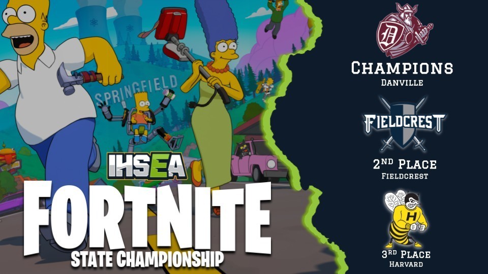 A graphic featuring characters from The Simpsons: IHSEA Fortnite State Championship text and team rankings.