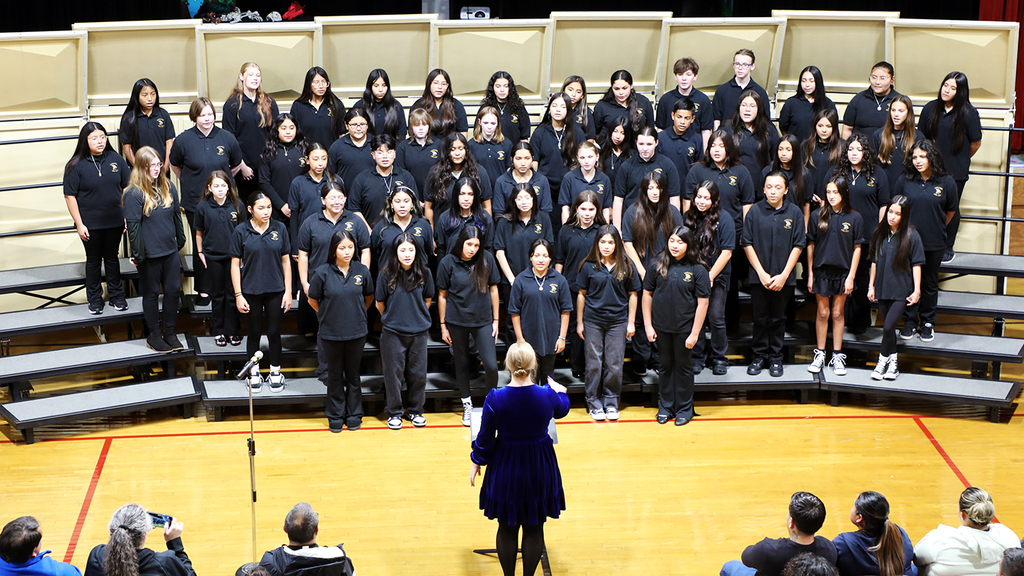 Students on a stage performing at a choir concert.