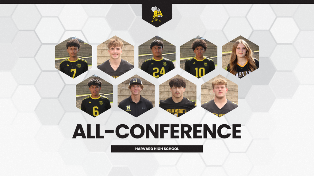 All-Conference graphic with nine student-athlete photos and the Harvard Hornets logo