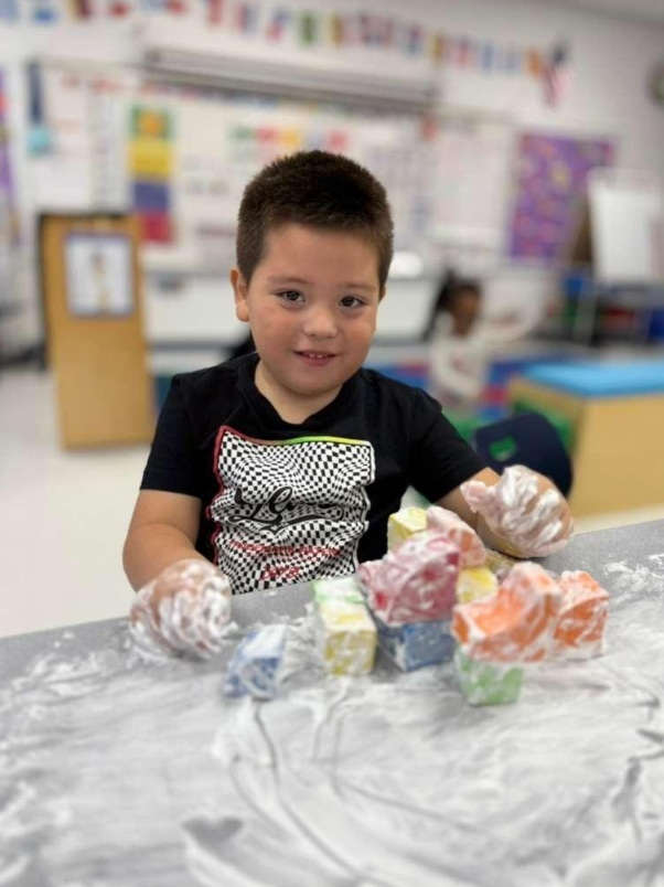 Building with shaving cream and blocks