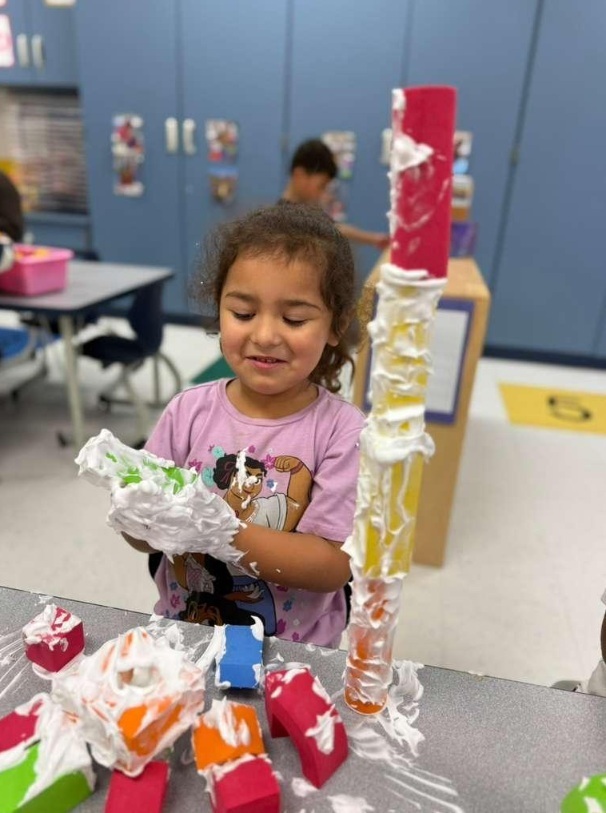 Building with shaving cream and blocks