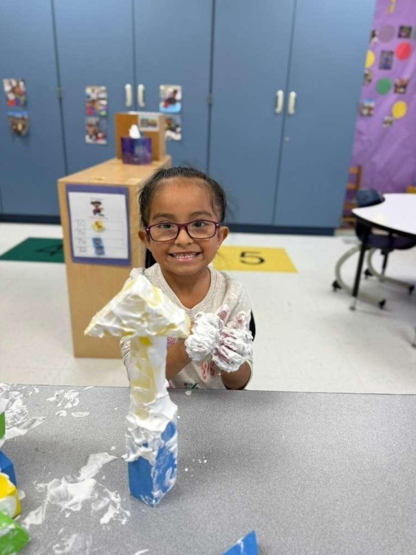 Building with shaving cream and blocks