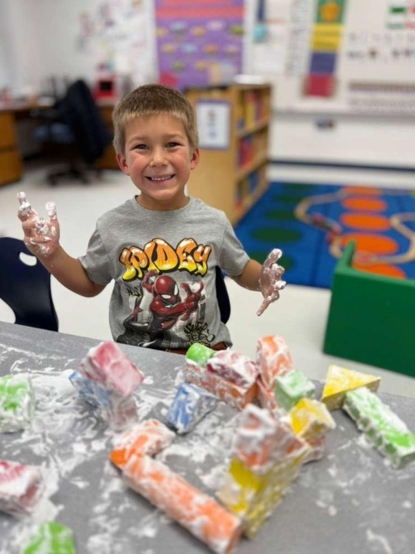 Building with shaving cream and blocks