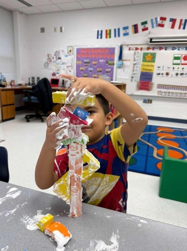 Building with shaving cream and blocks