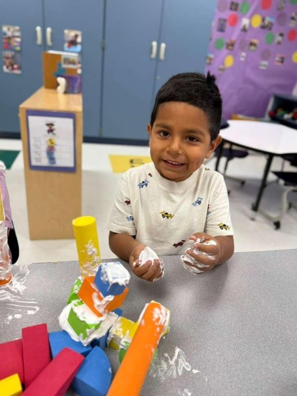 Building with shaving cream and blocks