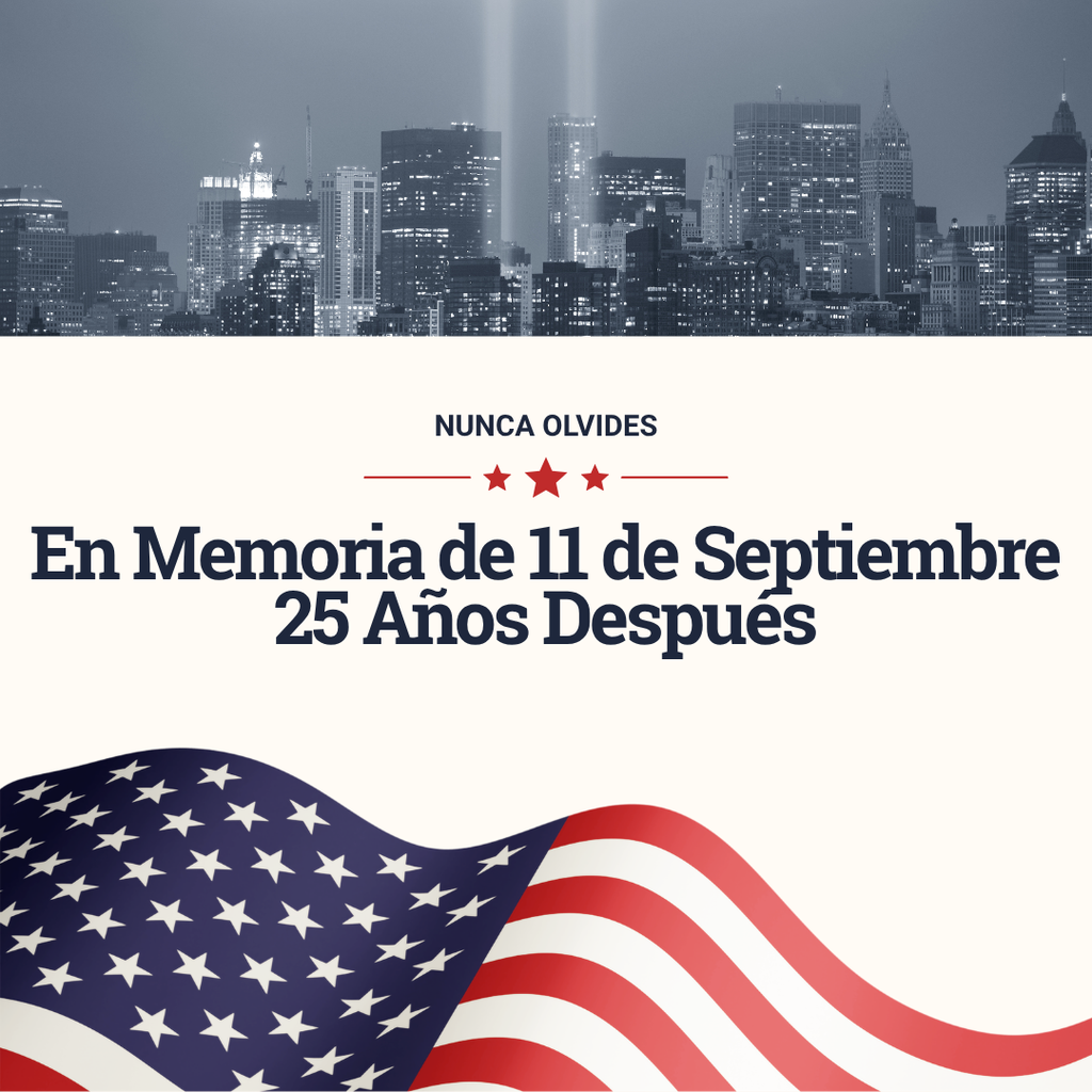 Never Forget. Remembering 9/11 25 Years Later with Flag and City Photo