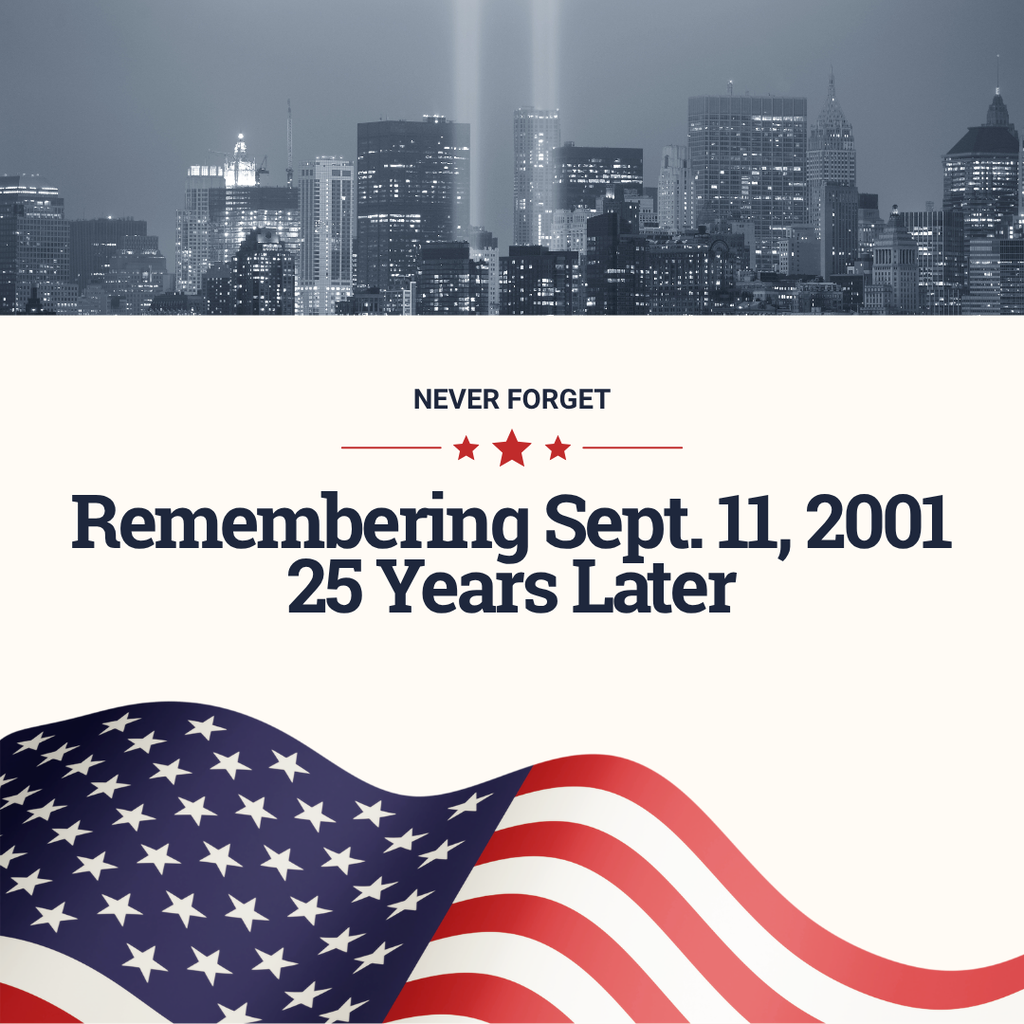 Never Forget. Remembering 9/11 25 Years Later with Flag and City Photo