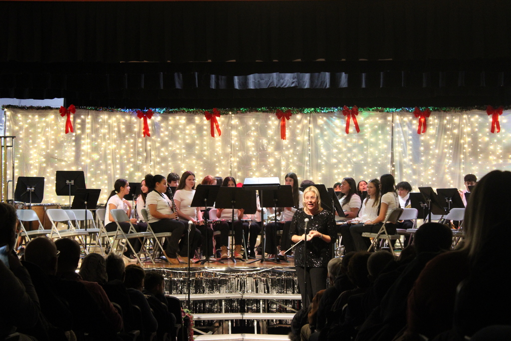 Students getting ready to play their instruments, as Mrs. Ianelli speaks to the audience!