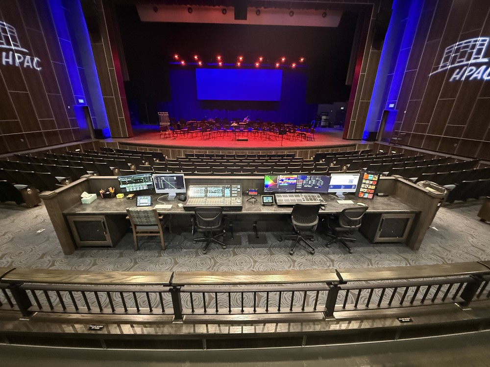 A soundboard with a stage in the background
