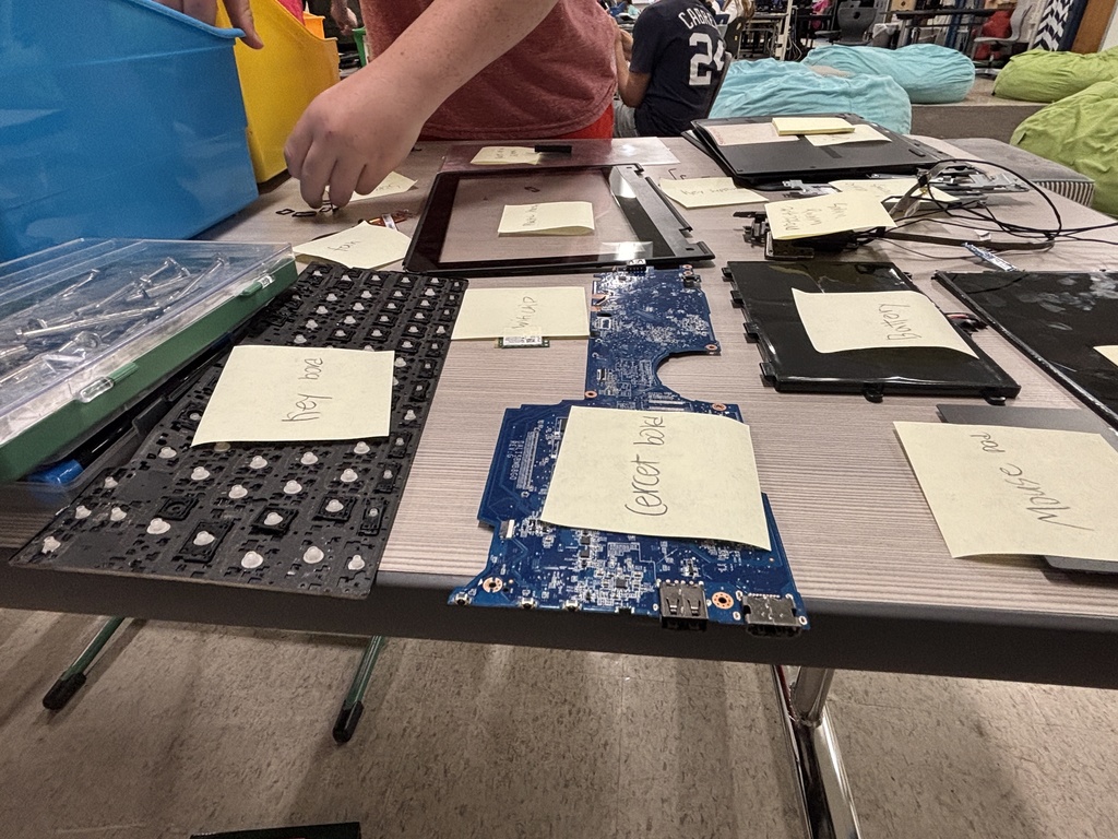 Middle school kids disassembling Chrombooks.