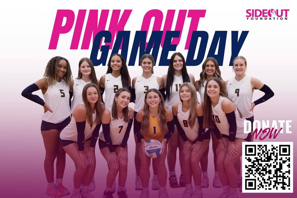 Promotional poster for the Pink Out Game with the Hastings volleyball team lined up and smiling.
