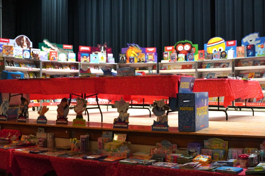 The Book Fair items set up on the stage in Central Elementary's auditorium.