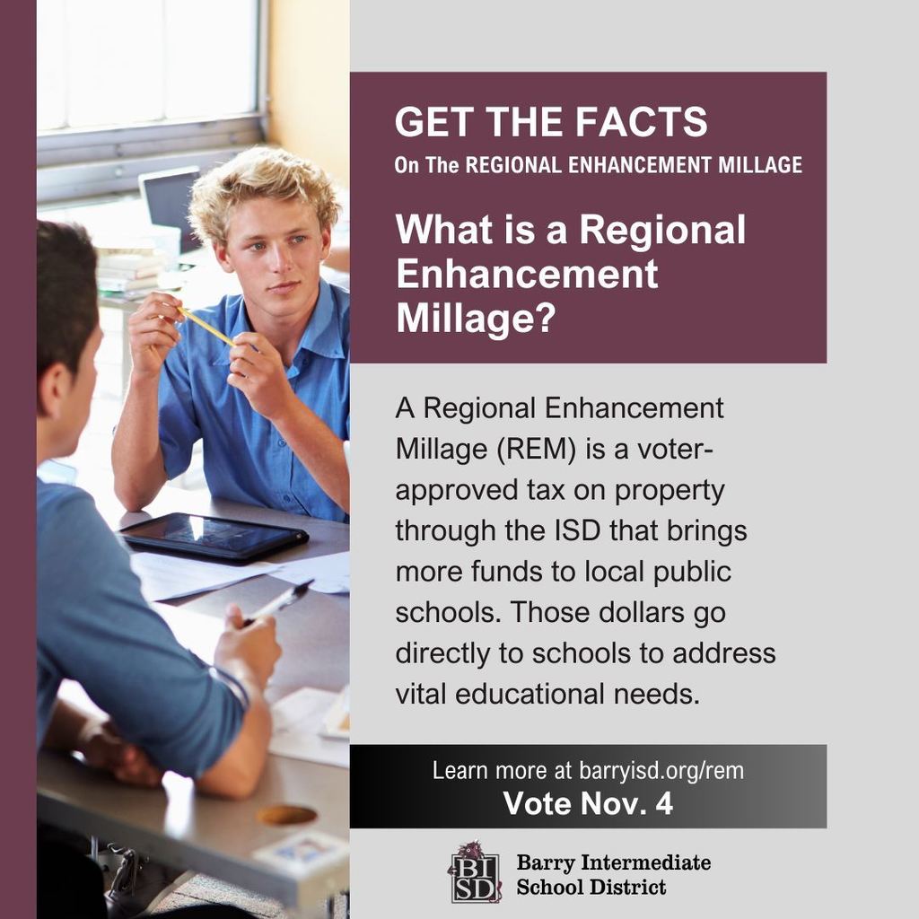 Barry Intermediate School District is asking voters this November to consider a Regional Enhancement Millage. This proposal would generate local funds through property tax to directly support educational and career-readiness programs for all students and school districts within the ISD — including Hastings Area Schools. Learn what it means for our community and cast an informed vote at: https://barryisd.org/rem