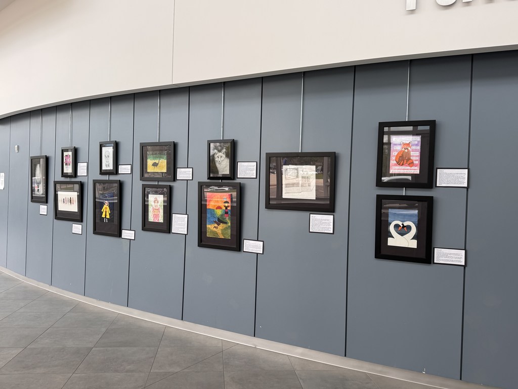 A variety of art work displayed on a wall