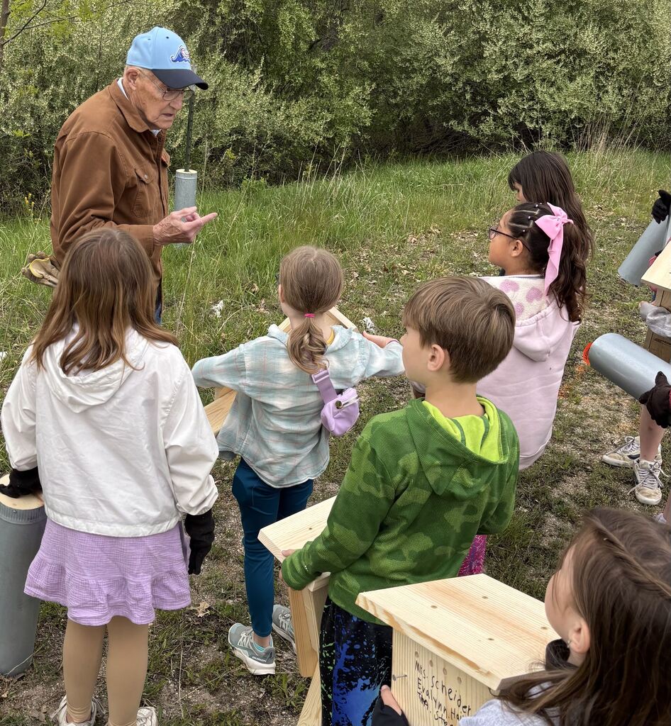 A group of kids setting up birdhouses under the watch of an elder individual