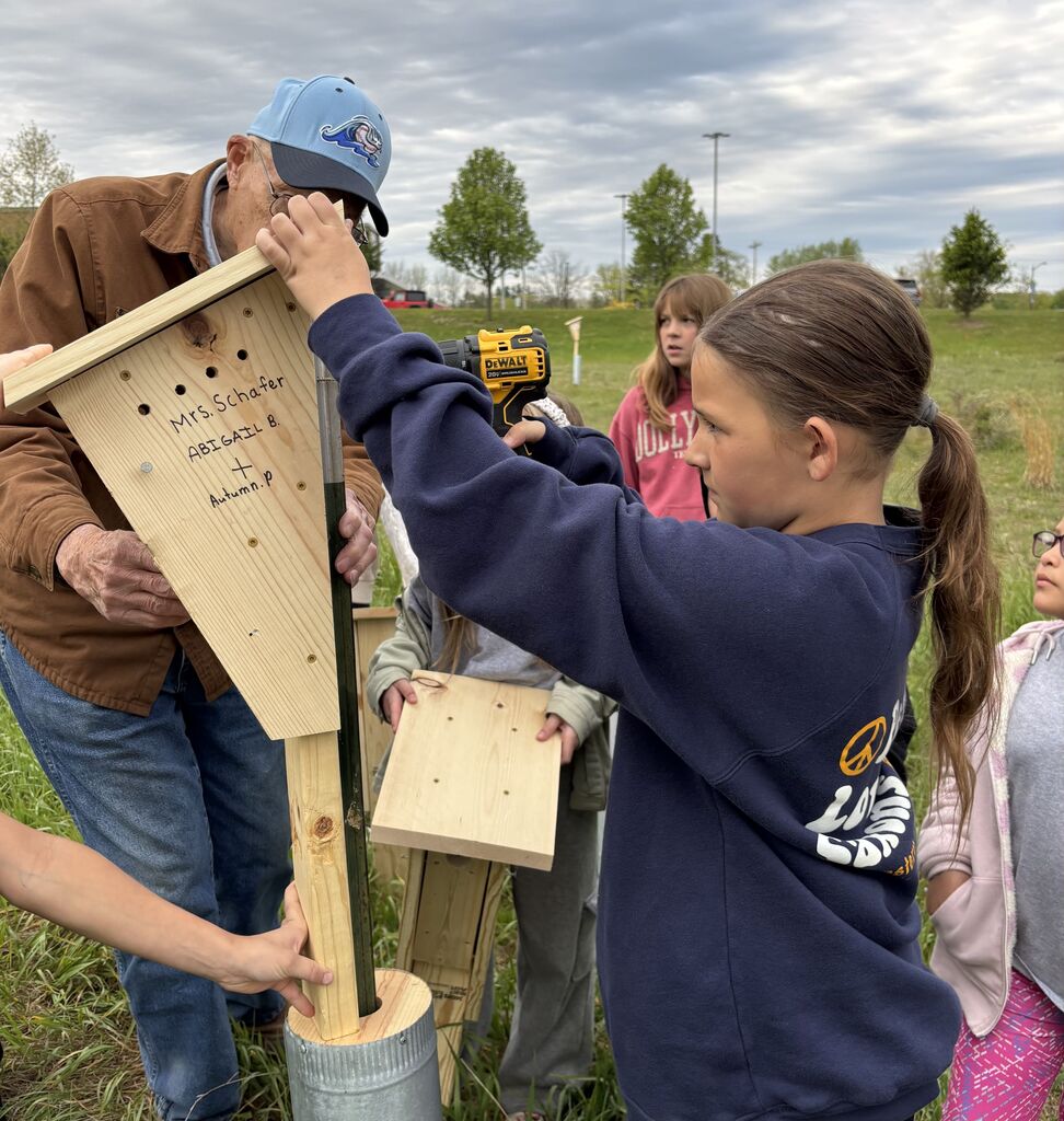 A group of kids setting up birdhouses under the watch of an elder individual