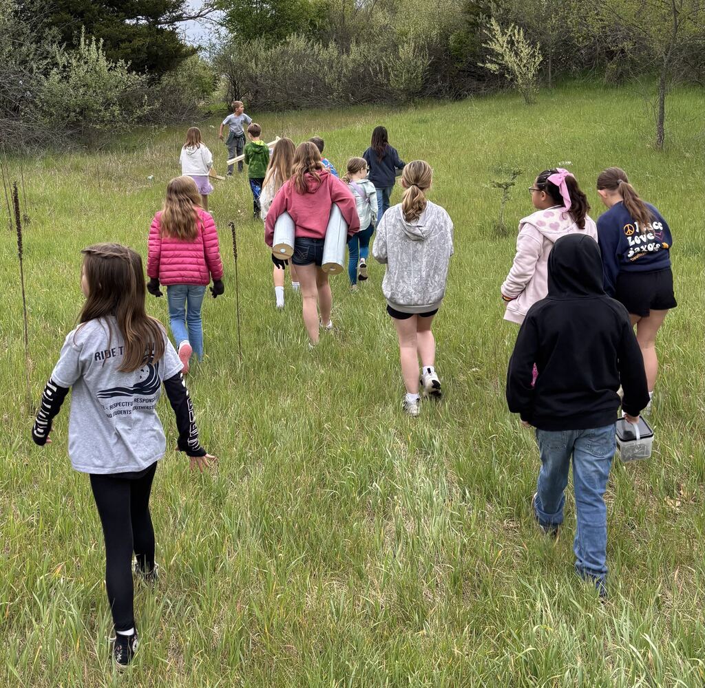 A group of kids setting up birdhouses under the watch of an elder individual