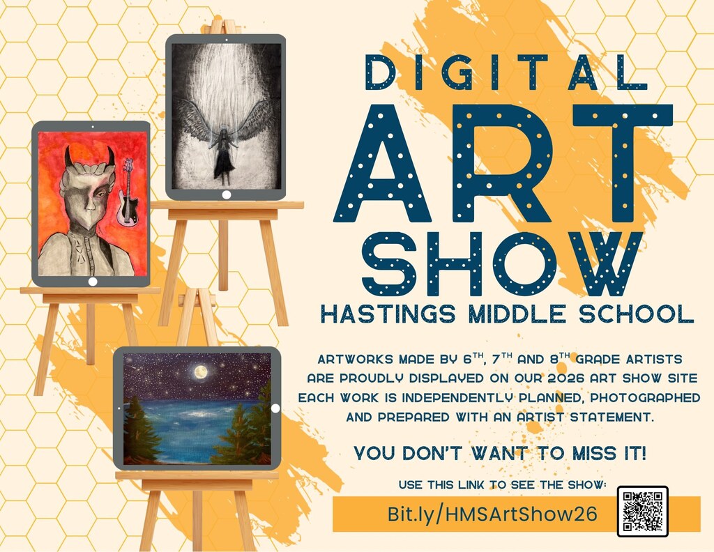 HMS Digital Art Show flyer, displaying information about the event with photos of drawings included.