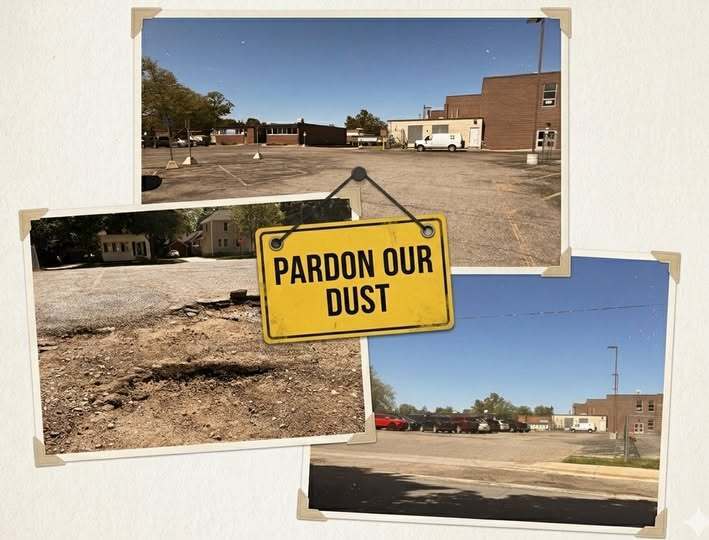 Montage photos of a parking lot with a sign that signs "Pardon our Dust"