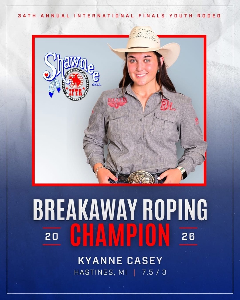 A graphic featuring a girl with a cowboy hat on posed for the camera. It says Breakaway Roping Champion 2026 with the name Kyanne Casey