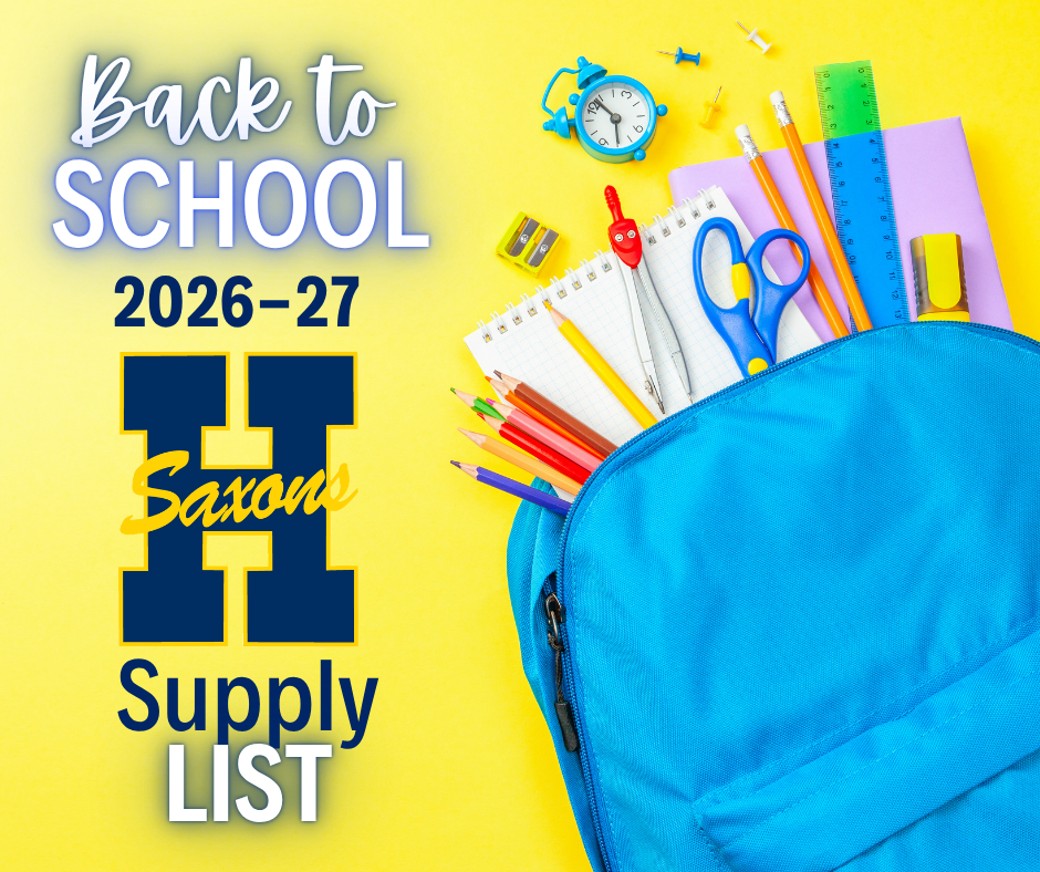 Back to school supply list graphic featuring a blue backpack overflowing with school supplies.