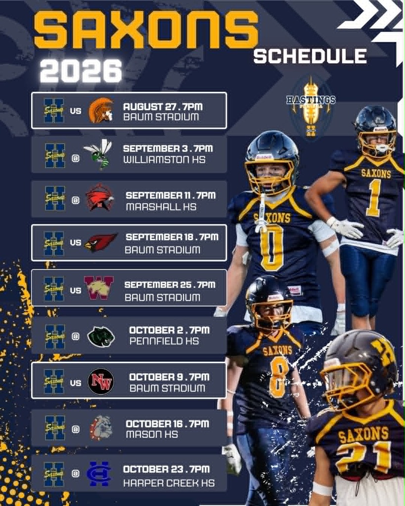 A graphical display of a football schedule. In the background are a number of football players wewaring blue jerseys with the word Saxons across the chest.