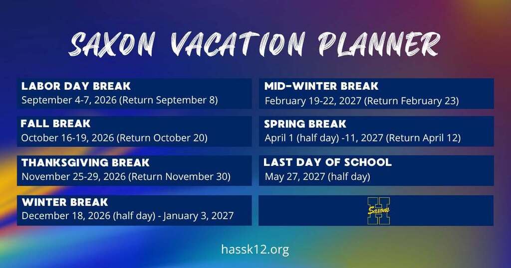 a visual list of school breaks and holidays