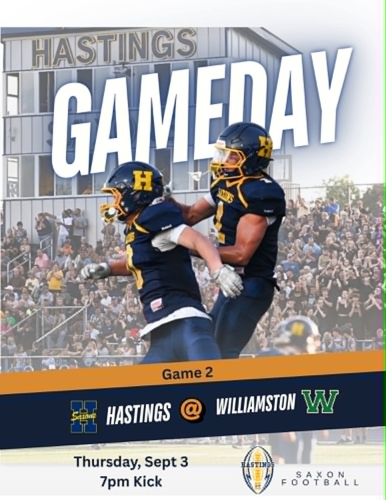 A graphic that says Gameday in big letters featuring two football players in dark blue uniforms against the backdrop of crowded bleachers