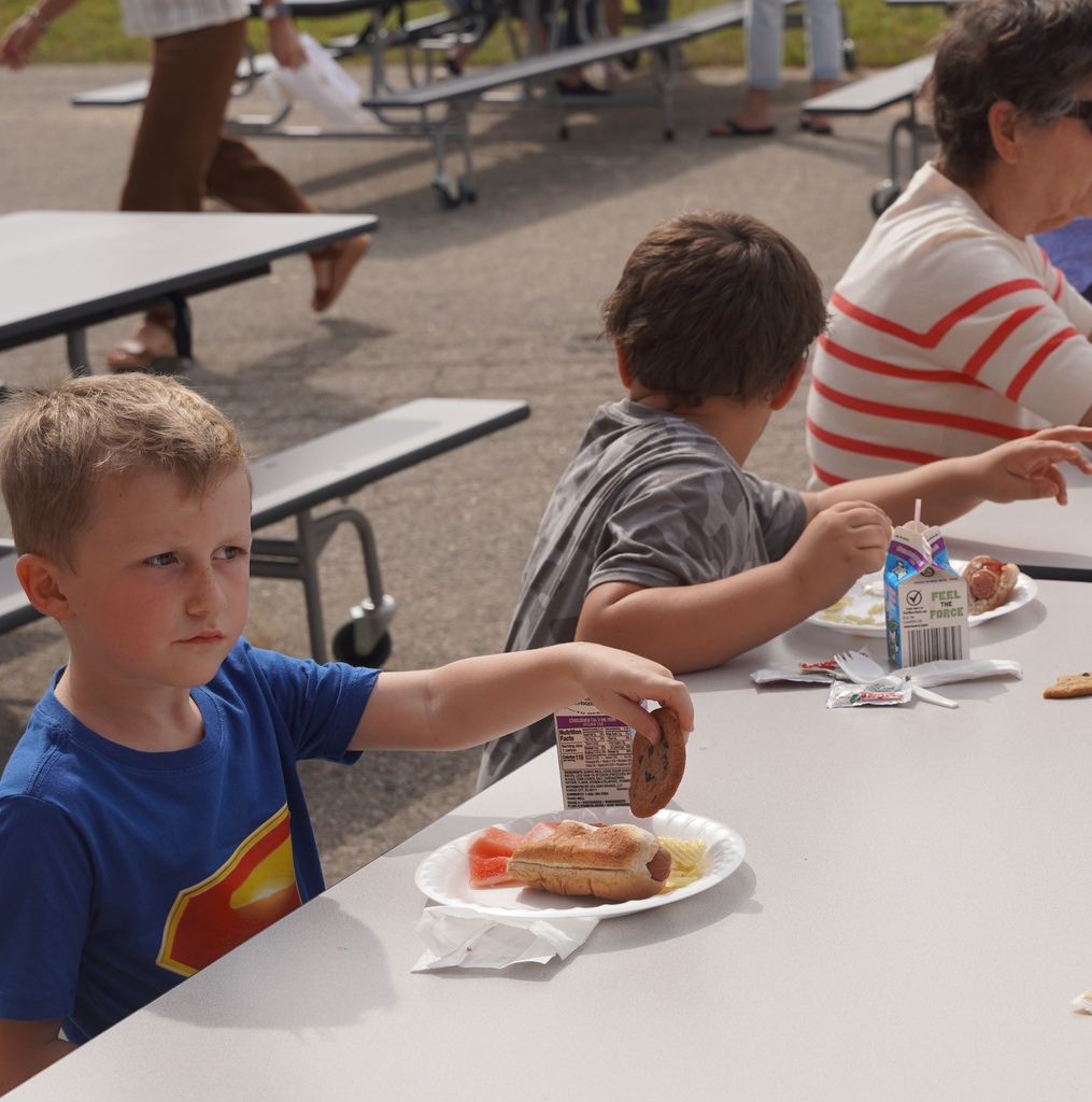 A young boy lifts a cookie off of his plate as he dines outdoors.