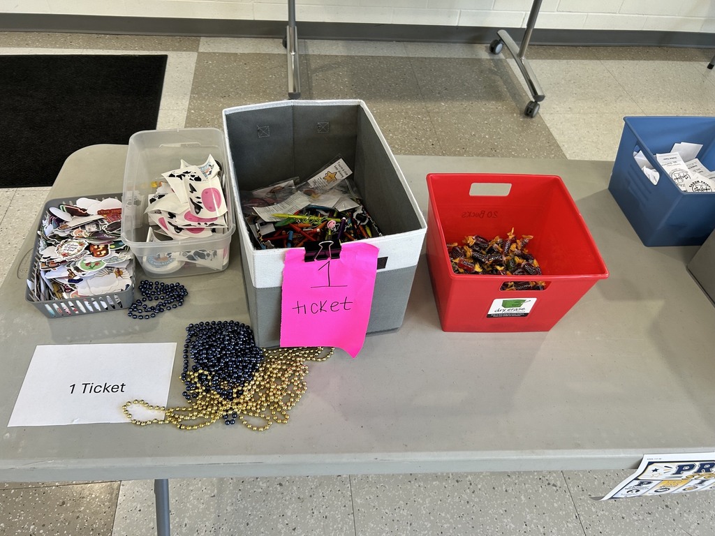 Bins on a table holding stickers, candy and other items.