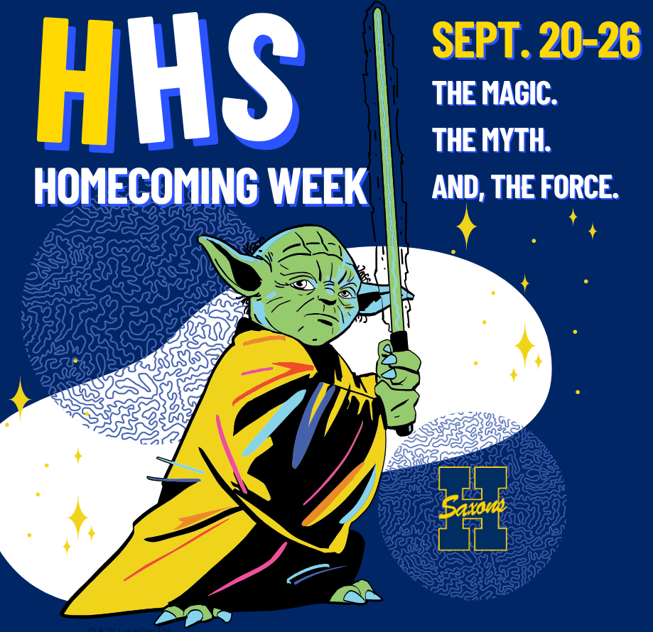 A graphic with Star War character Yoda that says HHS Homecoming Week on it