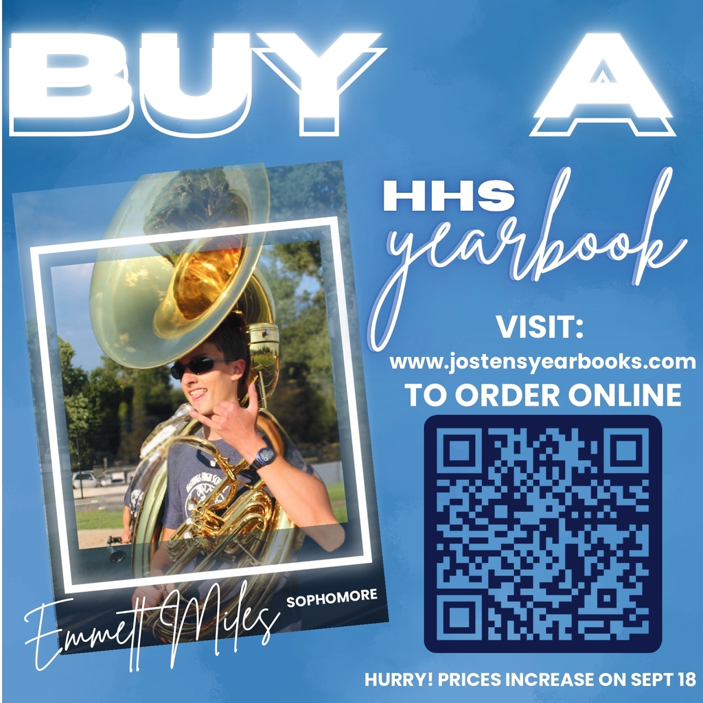 A graphic that says "Buy a HHS yearbook". There is a QR code on it along with the picture of a young man holding a tuba and gesturing to the camera.