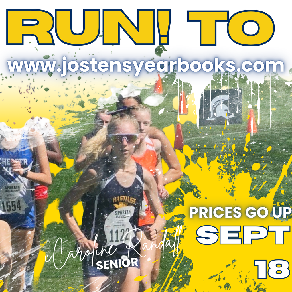 A graphic showing a track runner along with information on yearbook ordering surrounding her.