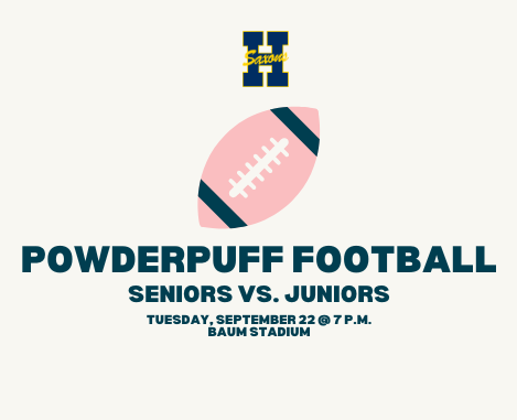 A graphic featuring a pink football with the works Powderpuff Football, seniors vs. juniors underneath it
