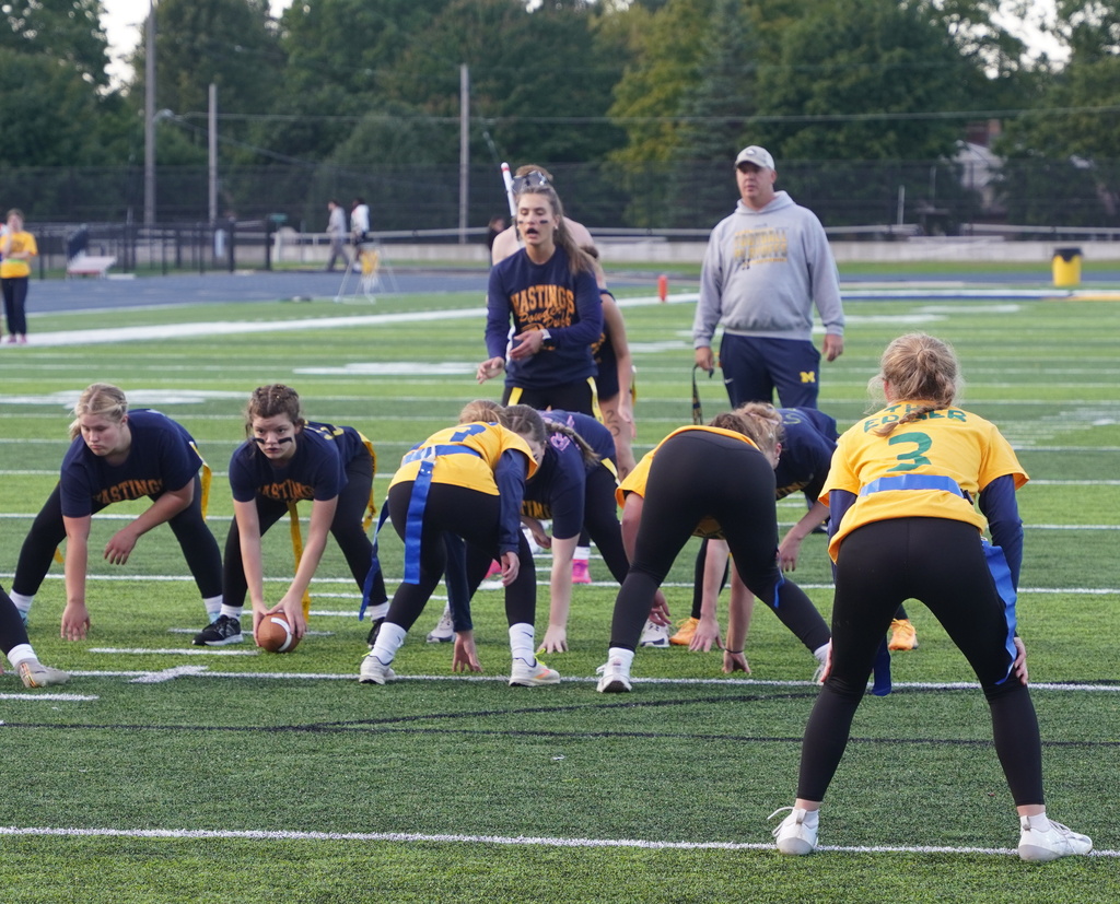 Players participating in a Powderpuff football game