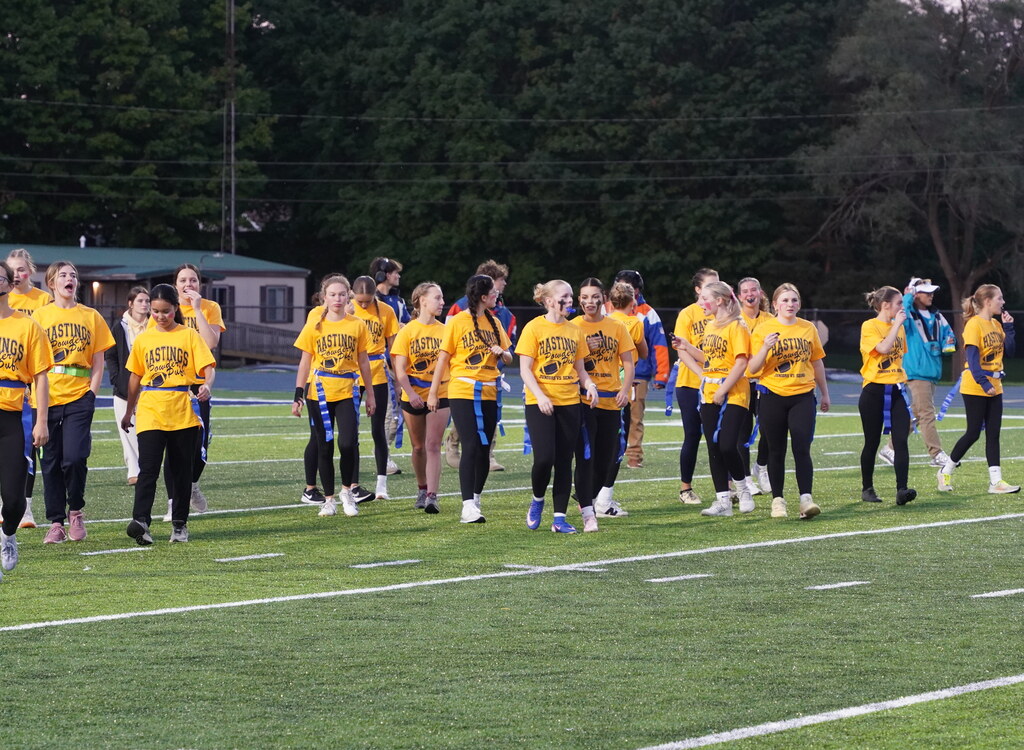 Players participating in a Powderpuff football game