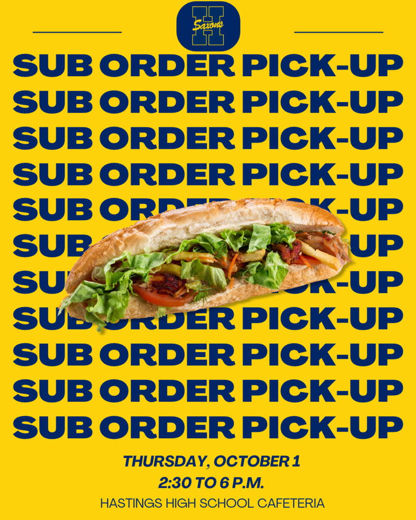 a picture of a sub sandwich with the words "sub order pick-up" wallpapered behind it.
