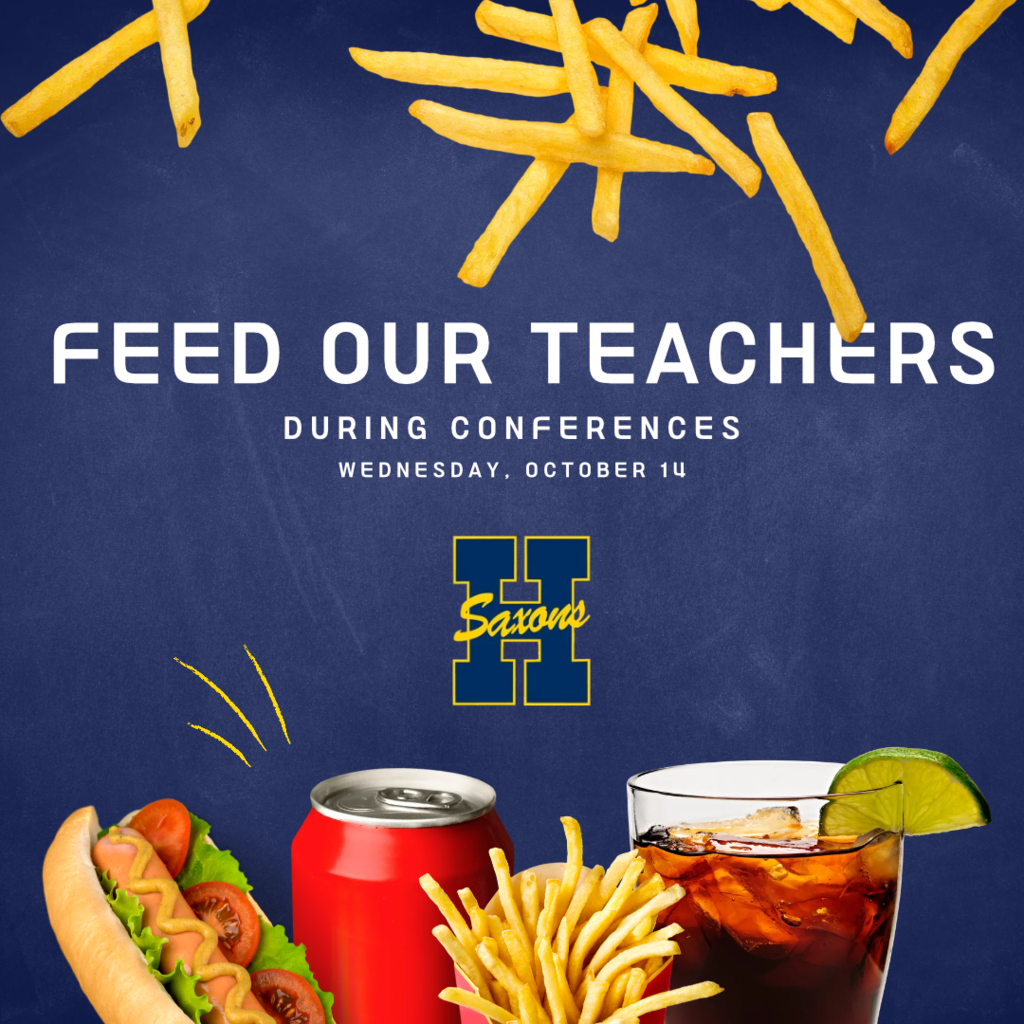 A graphic that reads "Feed Our Teacher" with stock photos of various food items on it, such as a hot dog, soda can and french fries.