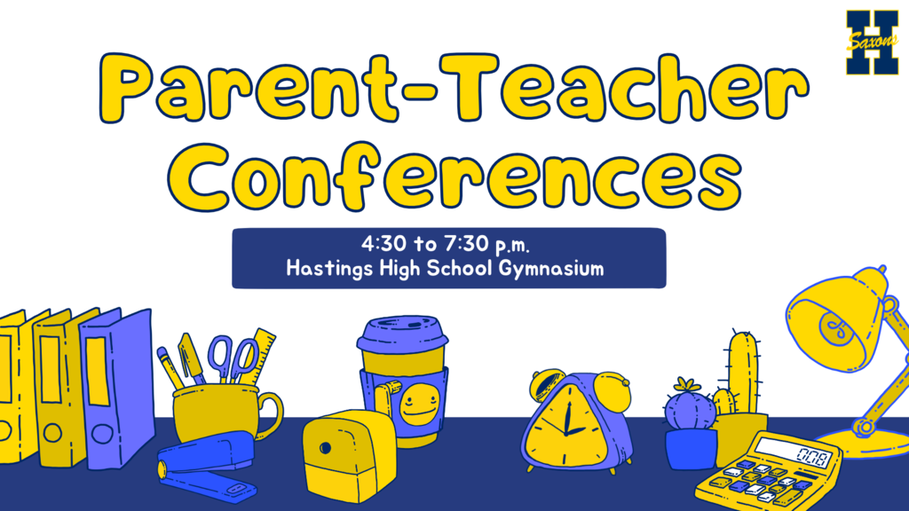 A graphic with a cartoon desk filled with office supplies that says Parent-Teacher Conferences on it