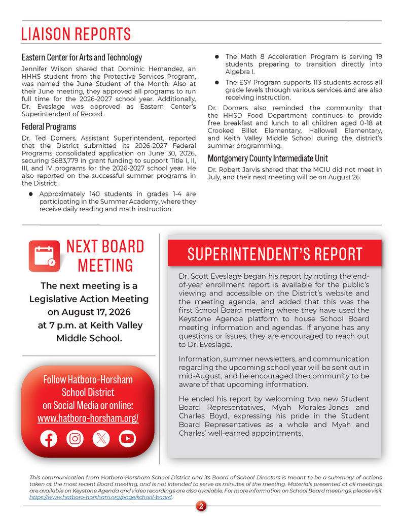 HHSD School Board Notes - July 2026