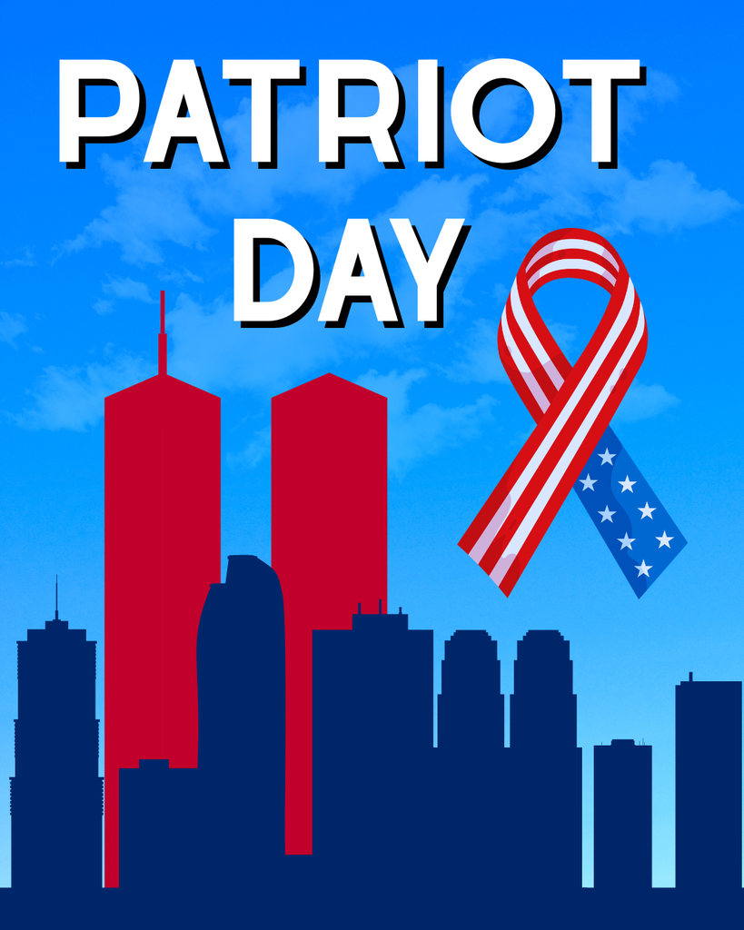 PATRIOT DAY with silhouette of Twin Towers Skyline and American Flag-themed ribbon to boot.