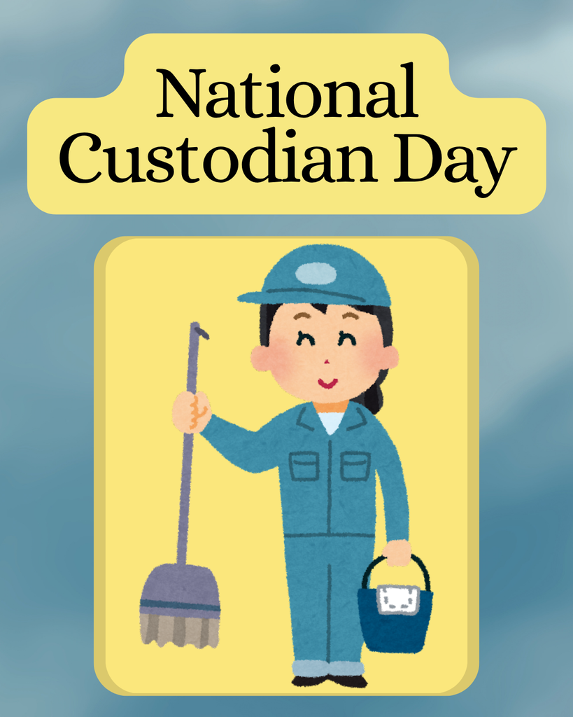 National Custodian Day: Cartoon person holds mop and bucket in green jumpsuit.