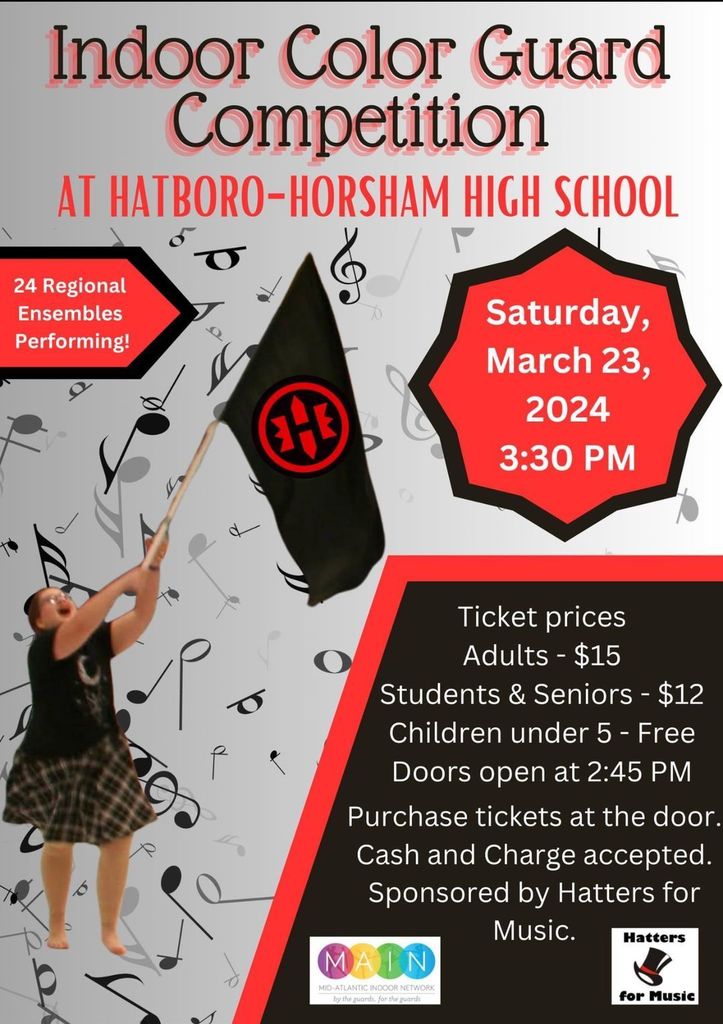 a flyer featuring a girl swinging a color guard flag. Adult tickets are $15, Students and Seniors are $12, and children under 5 are free