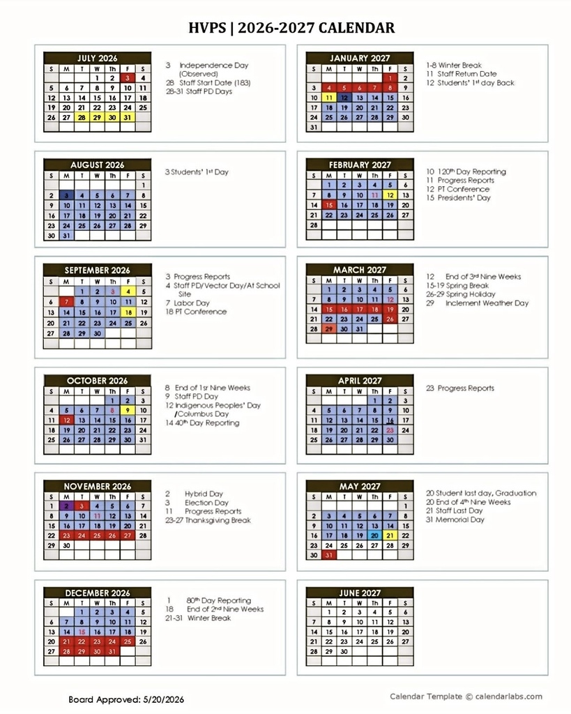 HVPS | 2026 - 2027 SCHOOL CALENDAR 