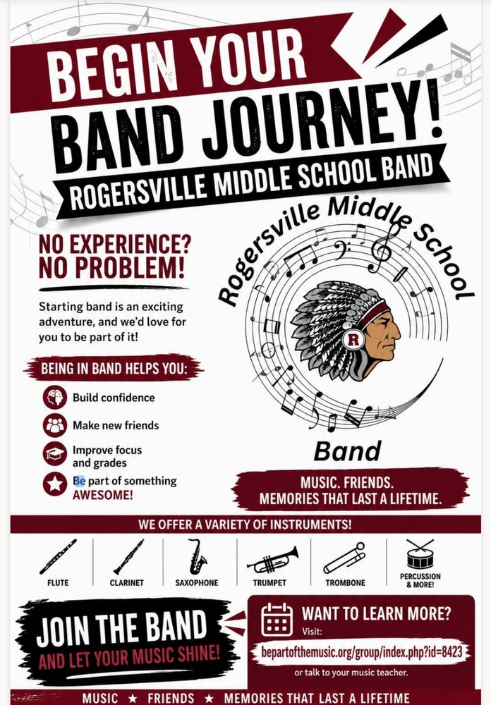 Join the RMS Band! No experience required. Flute, Clarinet, Saxophone, Trombone, Trumpet, Percussion and more! Join the band and let your music shine!