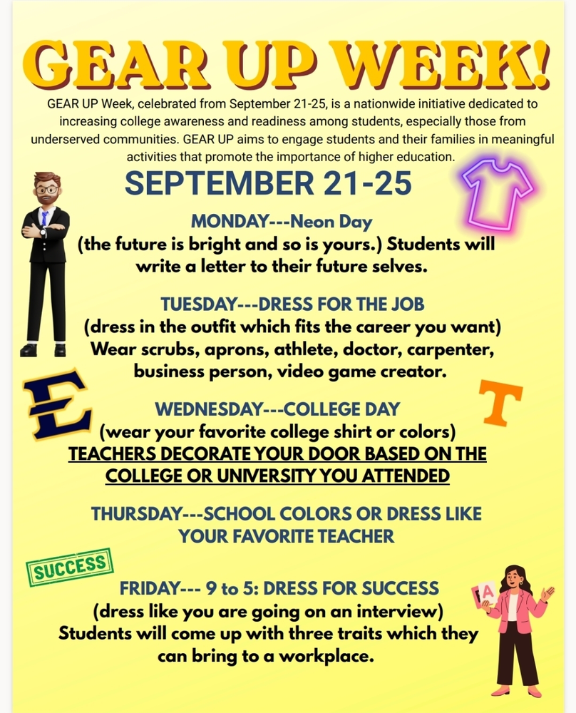 GEAR UP WEEK!
SEPTEMBER 21-25
MONDAY---Neon Day
(the future is bright and so is yours.) Students will
write a letter to their future selves.
TUESDAY---DRESS FOR THE JOB
(dress in the outfit which fits the career you want)
Wear scrubs, aprons, athlete, doctor, carpenter,
business person, video game creator.
WEDNESDAY---COLLEGE DAY
(wear your favorite college shirt or colors)
TEACHERS DECORATE YOUR DOOR BASED ON THE
COLLEGE OR UNIVERSITY YOU ATTENDED
FRIDAY--- 9 to 5: DRESS FOR SUCCESS
(dress like you are going on an interview)
Students will come up with three traits which they
can bring to a workplace.
