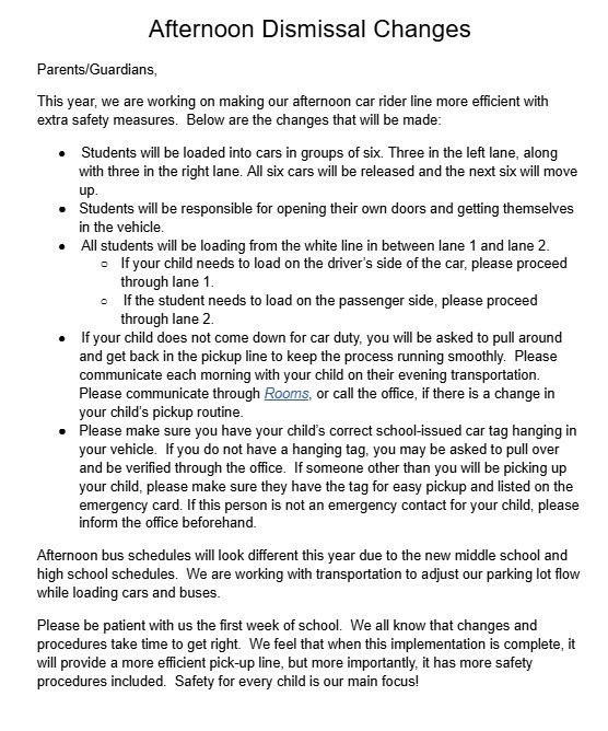 Afternoon Dismissal Changes