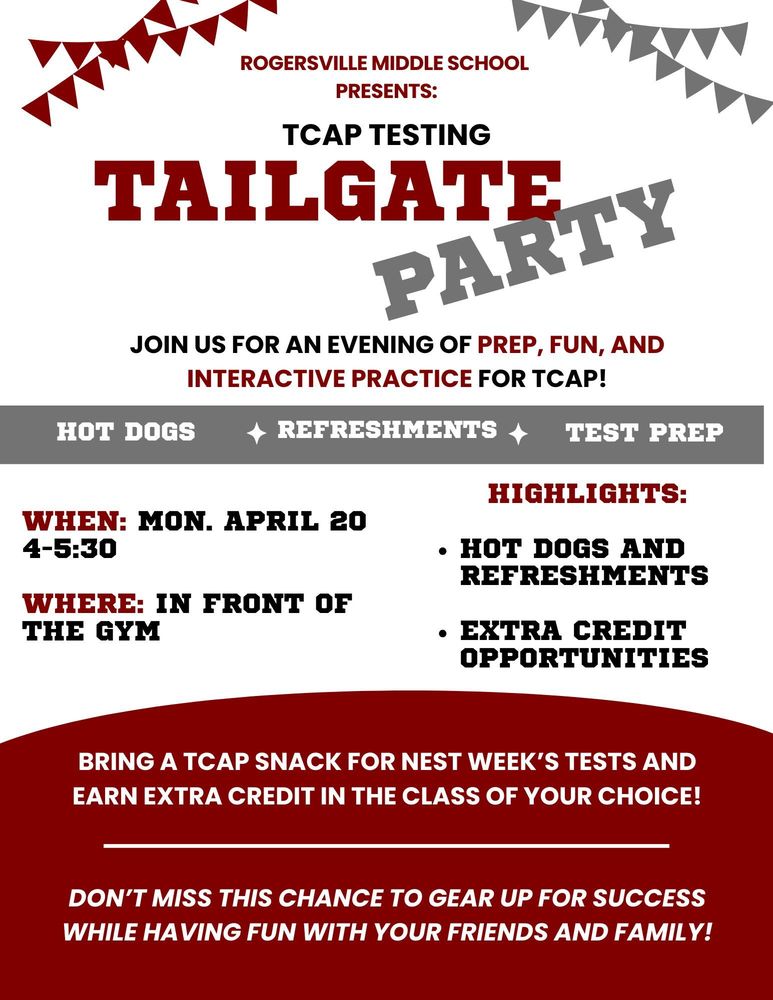 🎉 TCAP Tailgating Party! 🏈📚 Join us for an evening of prep, fun, and interactive practice for TCAP! 🗓 When: Monday, April 20th | 4:00–5:30 PM 📍 Where: In front of the gym (before our last home soccer game) Highlights: Hotdogs and refreshments 🌭 Extra credit opportunities! ✨ Bring a TCAP snack for next week’s tests and earn extra credit in the class of your choice 🍎 Don’t miss this chance to gear up for success while having fun with your friends and family!