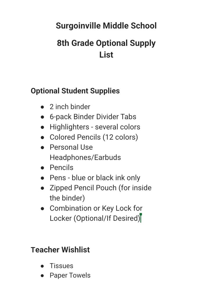 8th supply list