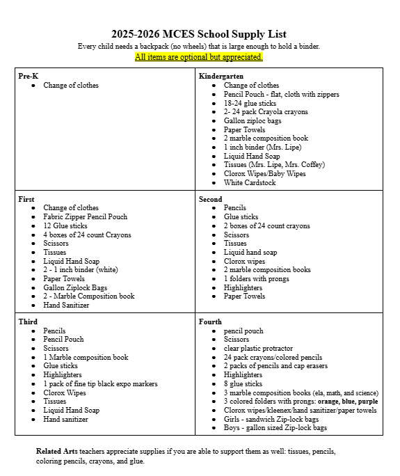 25.26 MCES School Supply List